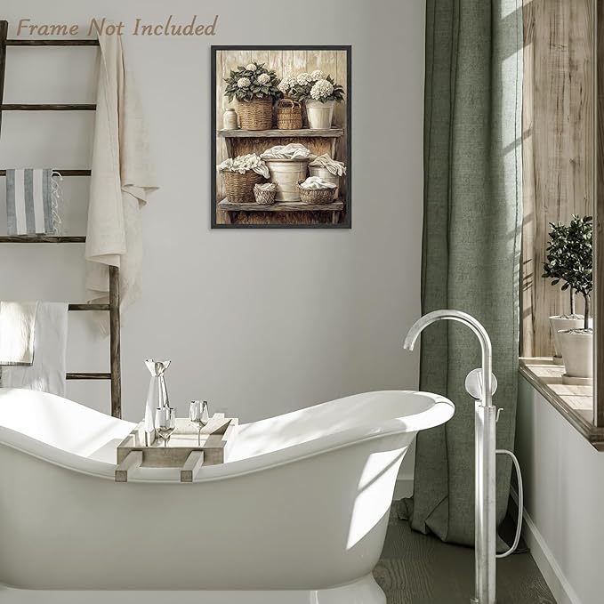 Dazzlewall Laundry Room Wall Art Decor Unframed, Rustic Vintage Floral Woven Basket Artwork Print for Laundry Bathroom Retro Farmhouse Botanical Bathroom Wall Decor, 12x16 in
