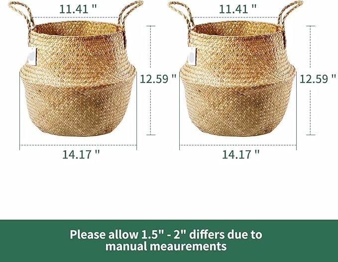 2 Pack Hand Woven Seagrass Plant Basket for Succulents,Boho Belly Plant Basket Home Storage Basket Extra Large Woven Straw Beach Bag Seagrass Flower Plant Container Modern Home Decor(Brown)