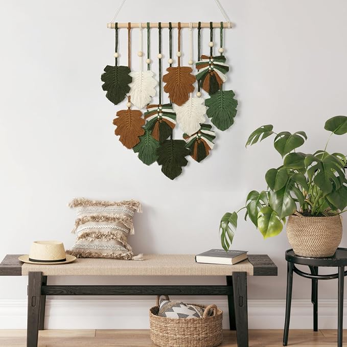 KHOYIME Macrame Wall Hanging Boho Home Decor, Bohemian Leaves Woven Yarn Tapestry Chic Aesthetic Wall Art Modern Handmade Leaf Hanging Decoration for Bedroom Living Room Nursery Office 15.7''W x 20''L