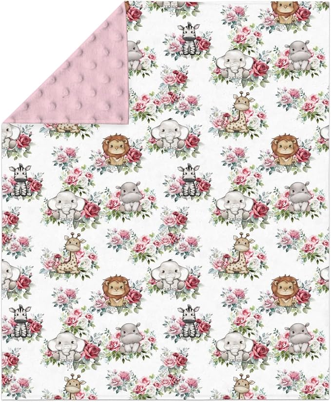 Cute Jungle Safari Animals Roses Leaves Baby Blankets for Girl Boy Lion Giraffe Elephant Zebra Soft Mink Dotted Backing Double Layer Swaddle Blanket Bed Throw for Newborn Infant Toddler Nursery 30x40
