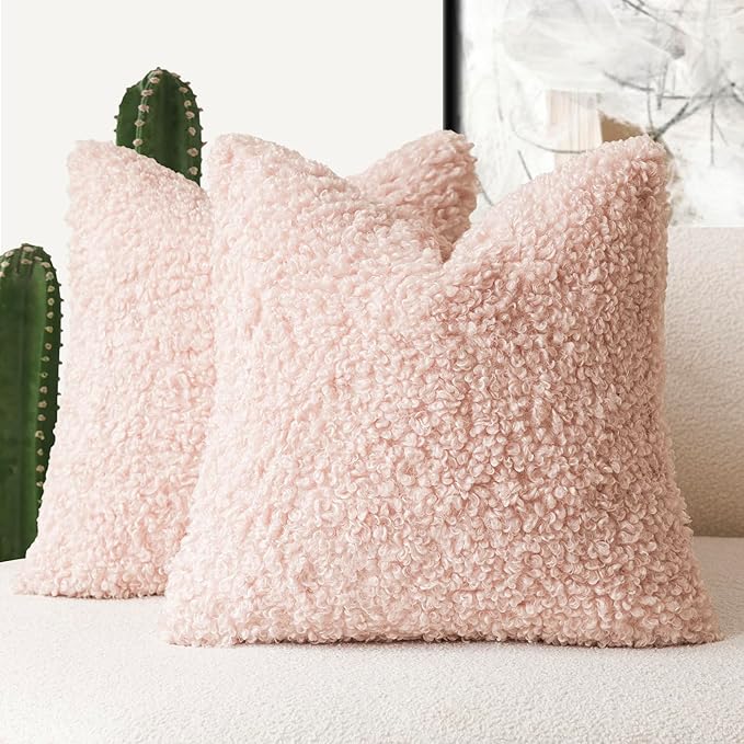 Foindtower 2 Pieces 22x22 Inch Light Pink, Faux Fur Throw Pillow Cover Accent Sherpa Furry Pillow Covers Fuzzy Soft Pillowcases Cozy Sheepskin Decorative Fleece Cushion Case for Bed Couch Living Room
