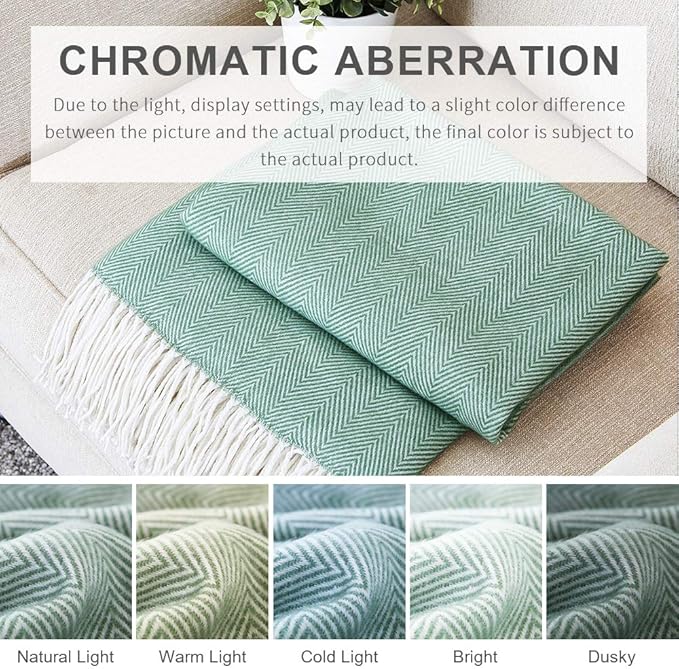 BOURINA Herringbone Tone Throw Blanket Faux Cashmere Fringe Soft Lightweight Cozy for Bed Couch Decorative Throws Blanket, Green, 50" x 60"