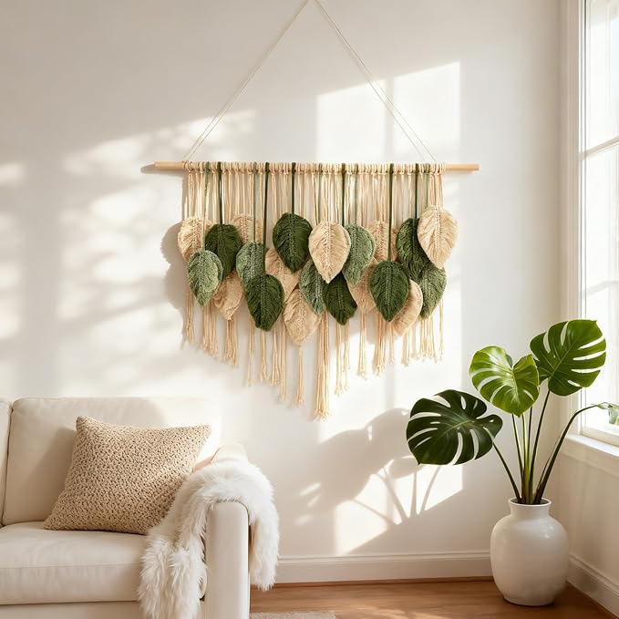 Macrame Wall Hanging Boho Wall Tapestry Handmade Woven Leaf Wall Decor Crochet Wall Art for Home Office Apartment (Green, 39.4" W x 31.5" L)