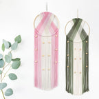 LB 2Pc Boho Macrame Wall Hanging Modern Aesthetic Wall Decor Pink and Green Hand Woven Cotton Macrame Wall Art with Wood beads Boho Tapestry for Home, Bedroom, Living Room