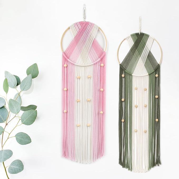 LB 2Pc Boho Macrame Wall Hanging Modern Aesthetic Wall Decor Pink and Green Hand Woven Cotton Macrame Wall Art with Wood beads Boho Tapestry for Home, Bedroom, Living Room