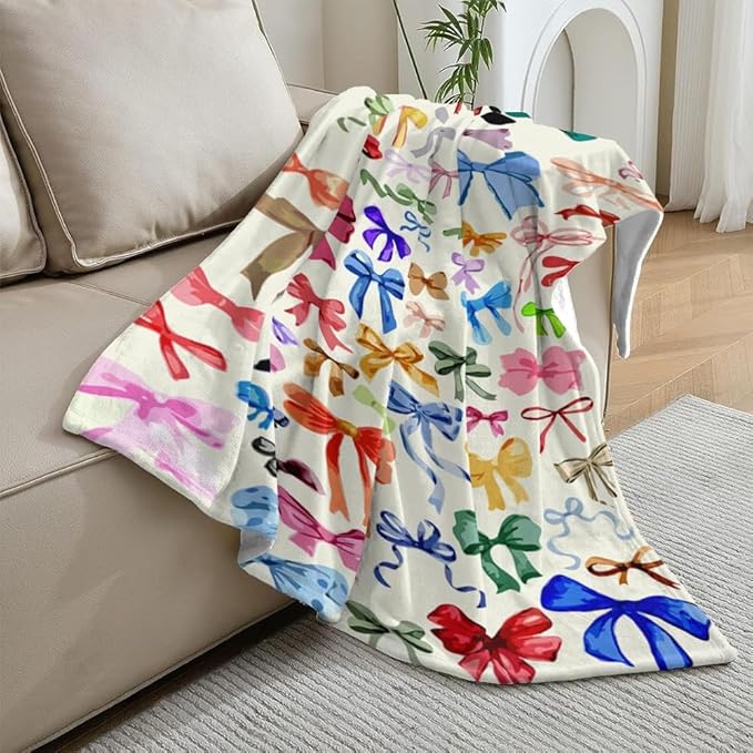 Rainbow Bow Throw Blanket Trendy Preppy Blanket Coquette 60"x80" Flannel Soft Cute Bow Decor Lightweight Aesthetic Plush Room Decor for Sofa Couch Travel Bed Christmas Halloween Decoration
