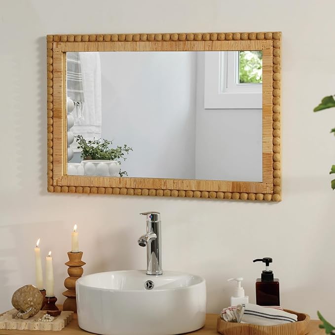 Rattan Wall Mirror - Boho Mirror Hanging Wicker Mirror for Bathroom Entryway Wall Decor, 20" x 30", Rectangle