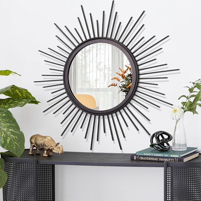 Sunburst Wall Mirror, Black Large Spoked Wall Decor Mirror Bohemian Home Round Modern Metal Wall Art Mirror for Living Room Hallway Bedroom Bathroom 24" x 24"