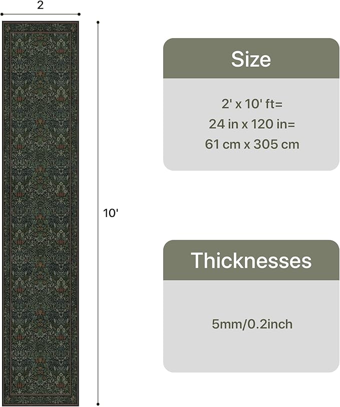 GENIMO Washable Floral Runner Rug 2x10, Non-Slip Long Hallway Carpet for Entryway, Kitchen, Indoor Floor Use, Vintage Boho Soft Thin Rug Décor, Dark Green