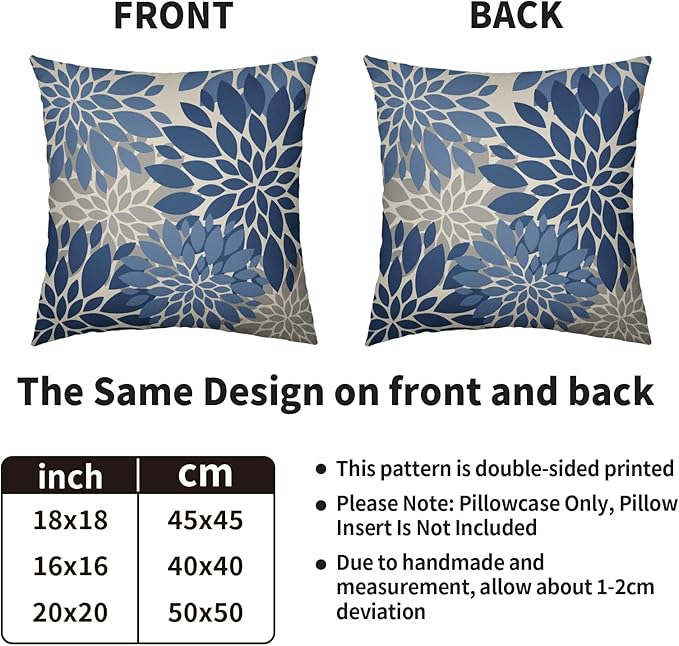 Light Blue Grey Gray Pillow Covers 20X20 Inch Set of 2, Dahlia Flower Spring Summer Floral Cream Decorative Throw Pillow Covers Outdoor Modern Farmhouse Cushion Case for Home Couch Sofa Bed Decor