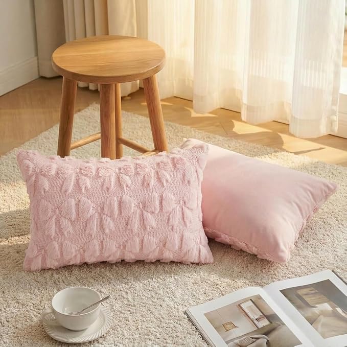 AVOIN colorlife Pink Spring Bow Throw Pillow Covers Set of 2, 12 x 20 Inch Coquette Aesthetic Room Decor Soft Plush Faux Fur Cushion Case for Girls Room