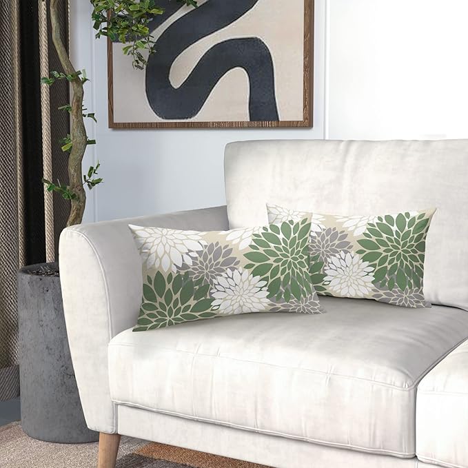 Sage Green White Grey Gray Pillow Covers 12X20 Inch Set of 2, Spring Modern Dahlia Floral Print Decorative Rectangle Throw Pillow Covers Outdoor Farmhouse Cushion Case for Couch Sofa Bed Decor