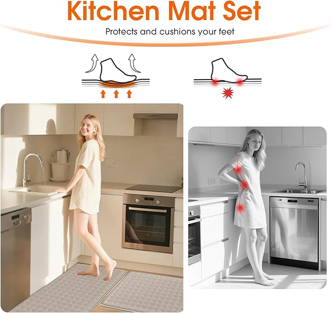 Kitchen Mats, 2PCS Kitchen Rugs, Cushioned Anti Fatigue Kitchen Mats for Floor, Non-Slip Standing Desk Mat, Waterproof Kitchen Rug Set for Kitchen Floor Office,17.3"×30"+17.3"×59" Brown