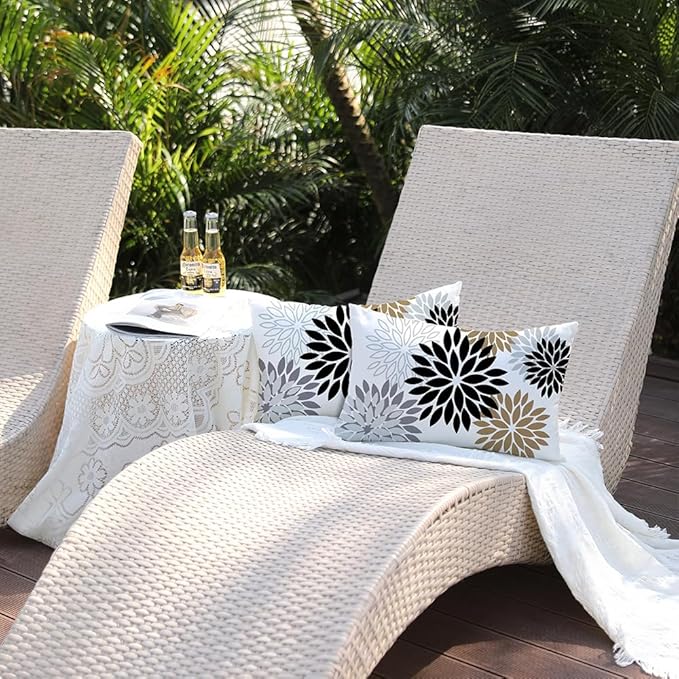 DFXSZ Black Brown Pillow Covers 12x20 Inch Set of 2 White Gray Flower Throw Pillows Farmhouse Outdoor Modern Floral Linen Square Cushion Case Decor for Living Room Sofa Patio Funiture Garden 002B12