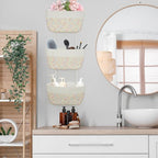 TeoKJ 3-Tier Woven Cotton Wall-Mounted Hanging Storage Baskets, Over the Door Organizer Bin for Kids Room, Bathroom, Bedroom, Kitchen, White & Rainbow Stitching