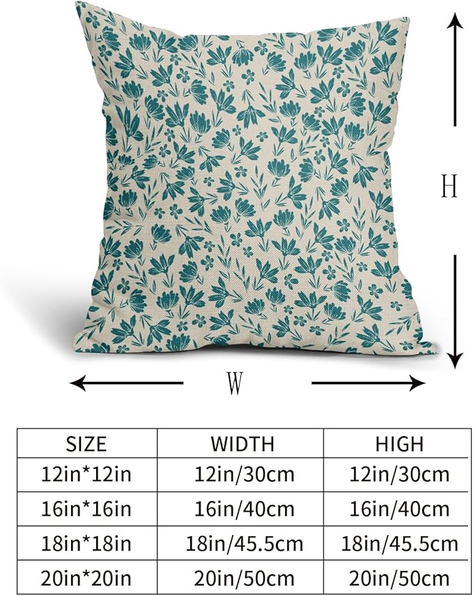 Teal Floral Pillow Covers 18x18 Set of 2 Vintage Rustic Old Style Cute Small Flower Blue Green Cream Print Decorative Outdoor Pillowcases Farmhouse Throw Cushion Case Decor for Couch Sofa Bed