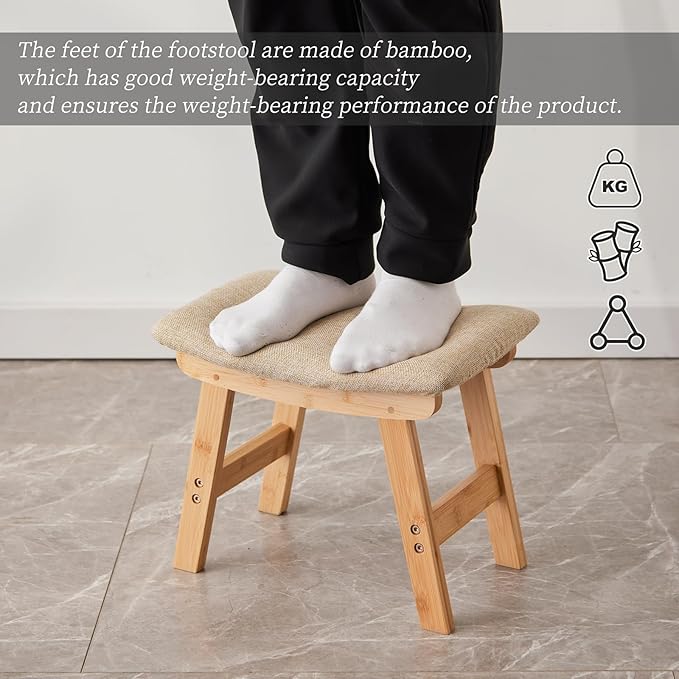 Foot Stool,Ottoman,Bamboo Small Sofa Foot Rest Under Desk,Extra Seating for Living Room, Bedroom and Kitchen (Natural Stool Legs - Beige Surface)