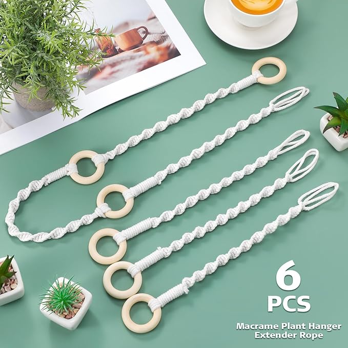 6 Pack Adjustable Macrame Plant Hanger Extender Handmade Woven Hanging Basket Extenders Connectable Rope Hanging Extension with Wooden Ring for Indoor Outdoor Plant Pot Holder