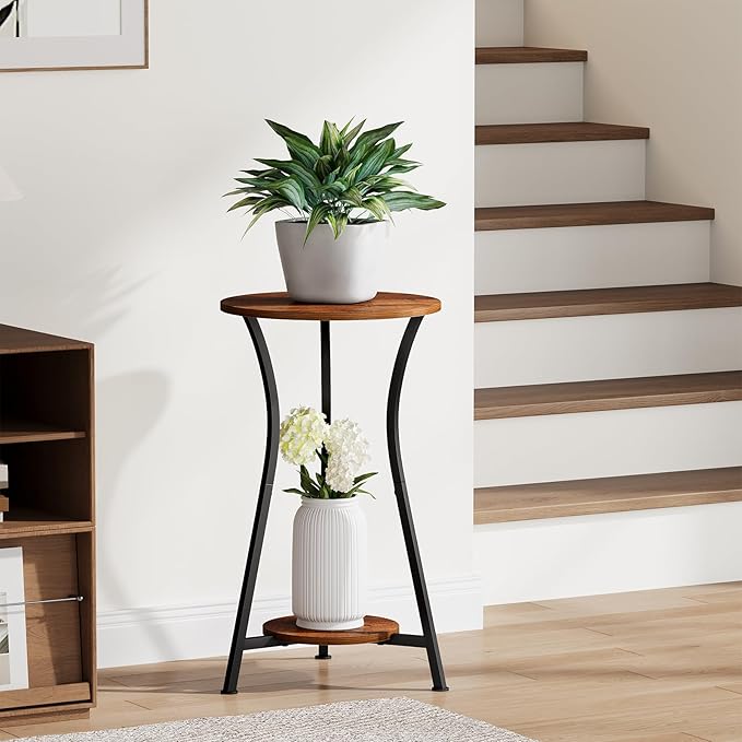 YINMIT Plant Stand Indoor, Plant Shelf Holder, Wood Corner Plant Stand, Metal Flower Stand for Indoor Plants, Small Round Side End Table for Living Room Balcony Garden (Retro, 2 Tier)
