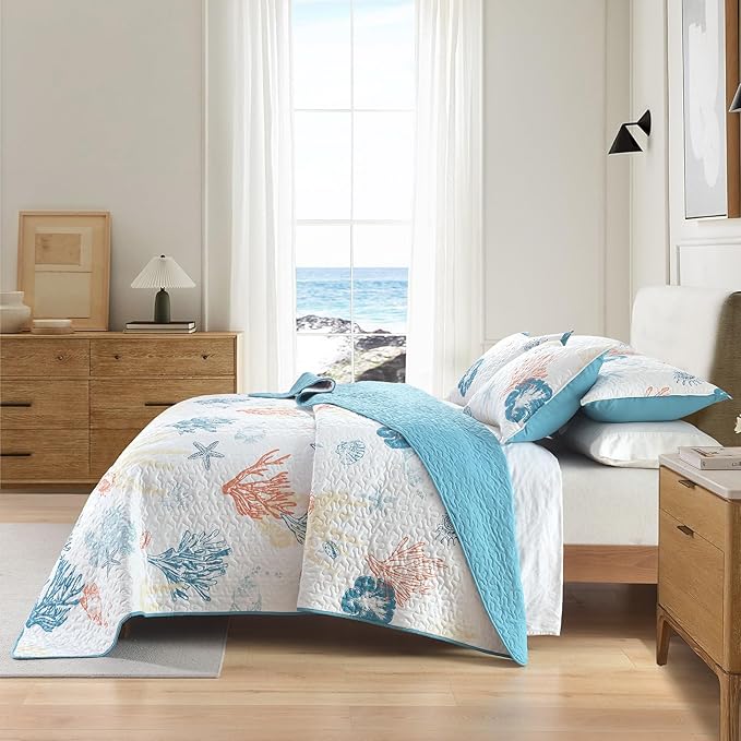 HORIMOTE HOME Coastal Quilt Bedding Set Queen Size, Reversible Summer Beach Quilt Lightweight Ocean Nautical Comforter Tropical Bedspread Coverlet with 2 Pillow Shams for All Seasons (90"x96")
