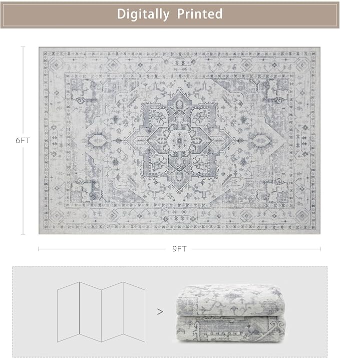 Area Rug 6x9 Washable Area Rugs for Living Room- Ultra Soft Non-Shedding Faux Wool Bedroom Rug Large Grey Vintage Print Rugs with Non Slip Rubber- Indoor Retro Foldable Carpet for Dining Room