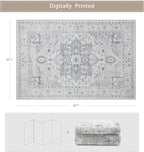 Area Rug 6x9 Washable Area Rugs for Living Room- Ultra Soft Non-Shedding Faux Wool Bedroom Rug Large Grey Vintage Print Rugs with Non Slip Rubber- Indoor Retro Foldable Carpet for Dining Room