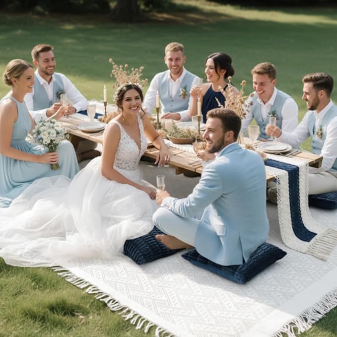 Extra Large Outdoor Boho Picnic Blanket 91'' x 71'' Blue Table Runner 6 Throw Pillow Cover Woven Cotton Yarn Oversize Beach Blanket Washable for Picnic Camp Wedding