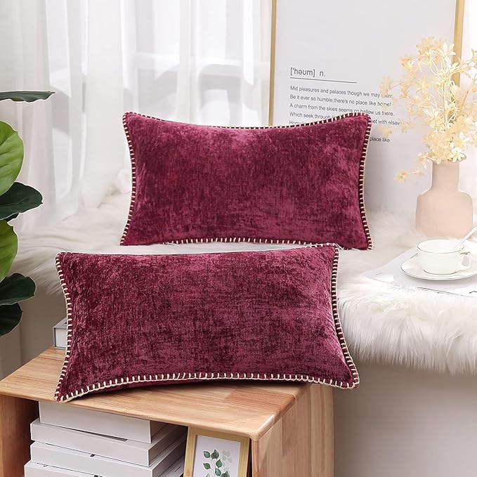 decorUhome Chenille Soft Cozy Throw Pillow Covers 12x20 Set of 2, Modern Farmhouse Boho Velvet Decorative Pillow Cases with Stitched Edge for Couch Sofa Bed Home Decor, Rhododendron