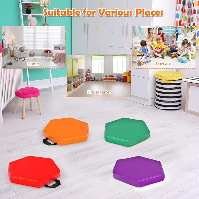HONEY JOY 6PCS Floor Cushions for Kids, 15 Inch Flexible Alternative Portable Classroom Seating with Handles, Easy to Clean, Thick Soft Foam Hexagon Comfy Seats for Daycare Preschool (Hexagon, Red)