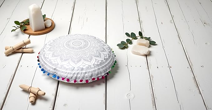 CRAFT KALA Boho Large Floor Pillow Pouf Cover Mandala Meditation Room Pillow Cover for Adults Round Bohemian Seating Pouf Cushion Cover for Kids Playroom 22" Silver Matellic Ombre