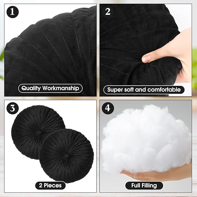 Namalu 2 Pcs Round Throw Pillow 13.8 Inch Decorative Round Velvet Floor Pillows Pumpkin Throw Pillows with Center Button for Thanksgiving Home Decor Living Room Sofa Couch Bed Chair (Black)