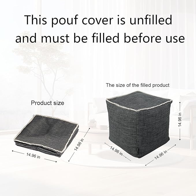 Louis Donné Unstuffed Storage Pouf Ottoman Cover - Square Cotton Linen Footstool Chair for Living Room Nursery, DIY Bean Bag for Stuffed Animal Storage, 18 x 18 Inch, Cover ONLY