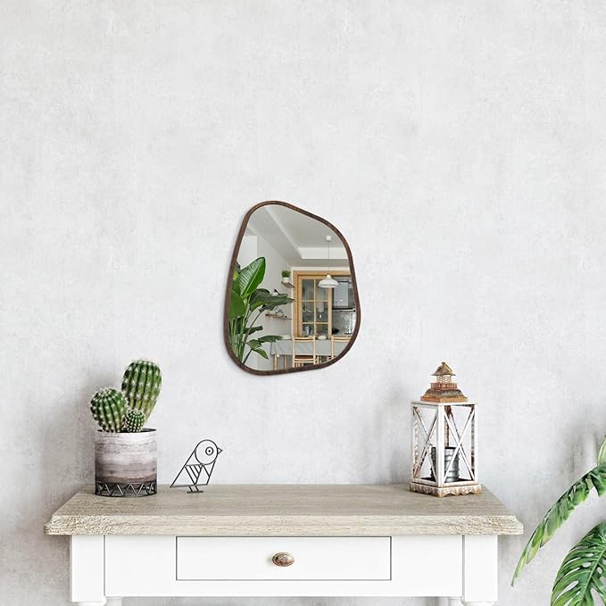 Asymmetrical Wall Mirror Irregular Wood Frame Modern Unique Wall-Mounted Artistic Wavy Mirror Decor Bathroom Vanity Bedroom Living Room Entryway Hallway 14"x10"