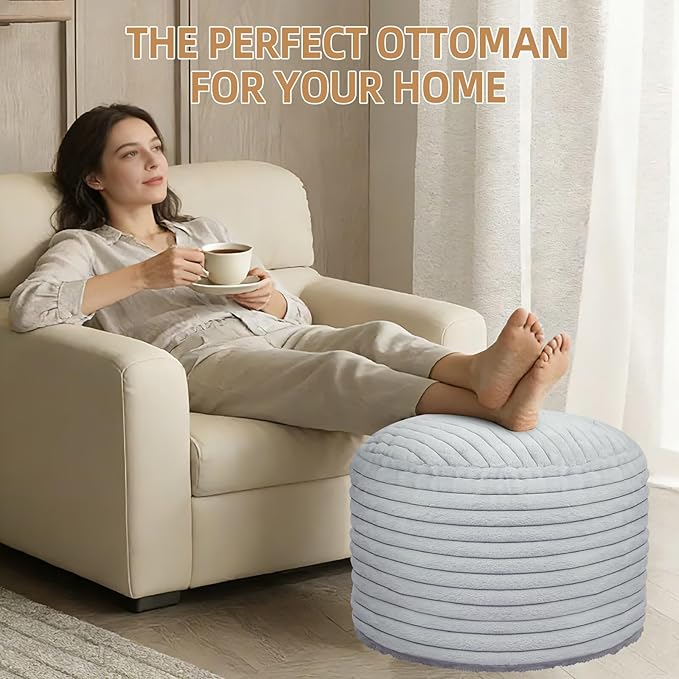 Round Stuffed Pouf Ottoman Foot Rest for Couch Round Ottoman with Foam Chunk Filling Stripe Faux Fur Ottomans for Living Room Floor (20"x15",Light Grey)