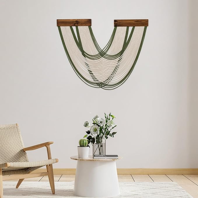 EOBTAIN Green Macrame Wall Hanging Macrame Wall Decor, Handmade Beige Yarn Tassel Boho Tapestry Woven Wall Art for Bedroom Living Room Backdrop Apartment Home Decorations, 23.6x31.5 Inch