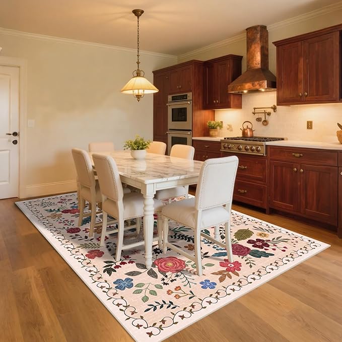 5x7 Area Rugs for Living Room Clearance Washable Boho Area Rug, Vintage Floral Non Slip Low Pile Large Rug for Living Room, Bedroom, Dining Room, Farmhouse (5 x 7 Beige Red)