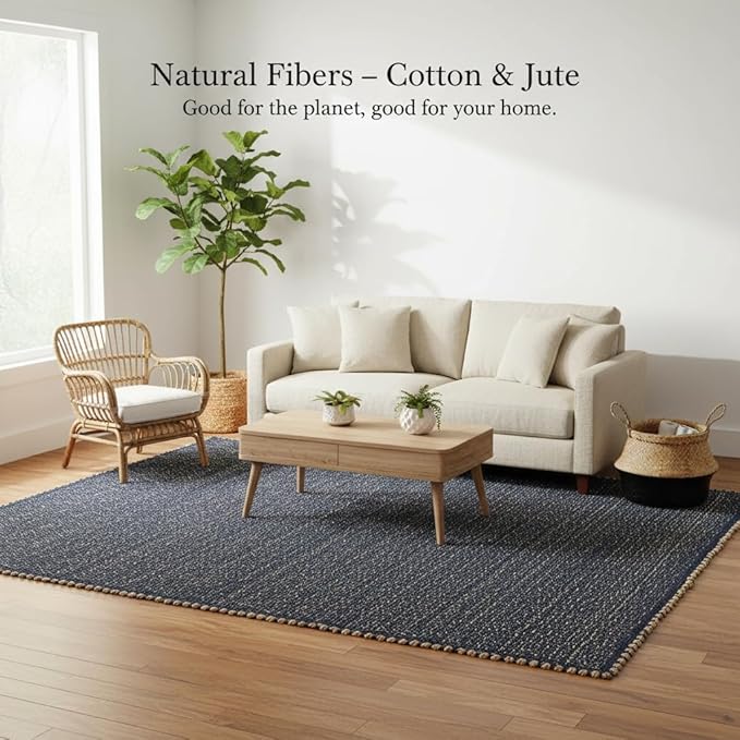 Navy 20X30 Jute Rug Braided Construction - Farmhouse Woven Carpet - Nautical Floor Covering for Entryway or Kitchen, 20" x 30"