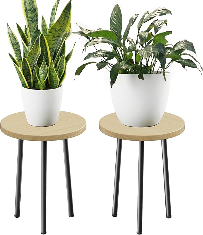Plant Stand for Indoor 2 Pack: Plant Table 14inch Wooden & Metel Heavy Duty Plants Stool - Mid Century Modern Design for Bedroom/Living Room/Patio/Garden