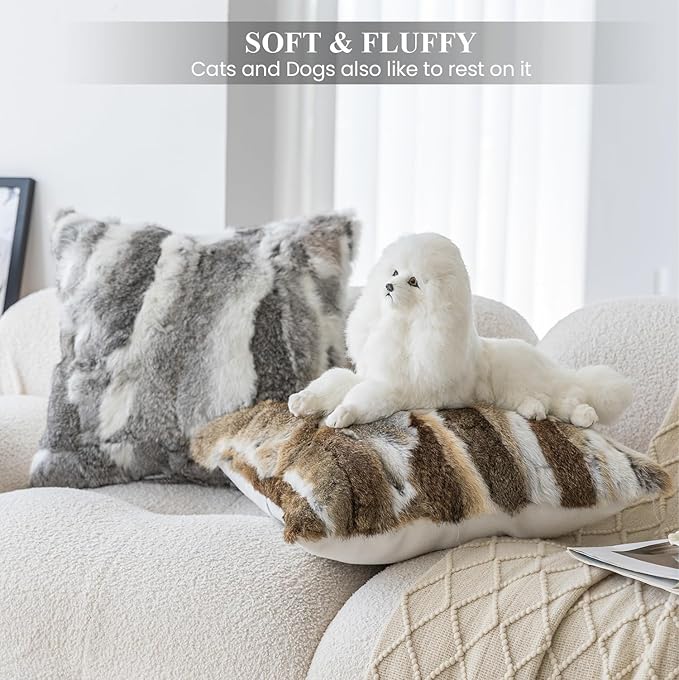 MOOX Rabbit Fur Throw Pillow Covers Decorative Fluffy Soft Fuzzy Plush Luxury Genuine Animal Skin Lumbar Pillow 18"x18" Cushion Cover, Couch-Yellow White