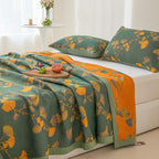 100% Cotton Jacquard Quilt Floral Ginkgo Leaves Print,Soft Muslin Bed Cover 3 Layers Reversible Bedspread Coverlet Breathable Lightweight Bedding,Twin(59"x94"), No Pillow Sham