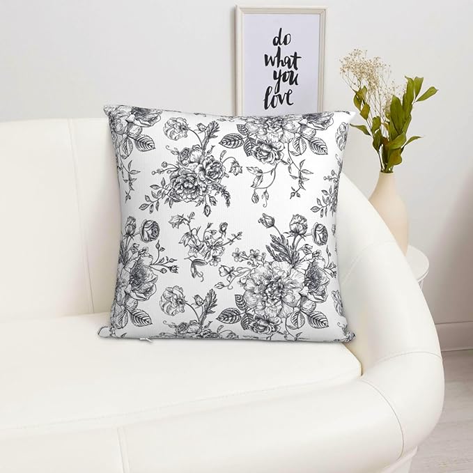 Dark Grey and White Floral Throw Pillow Covers 18x18 Set of 2, Vintage Flower Rustic Farmhouse Pillow Covers Outdoor Decorative Pillow Case for Couch Bed Sofa Cushion Home Decor