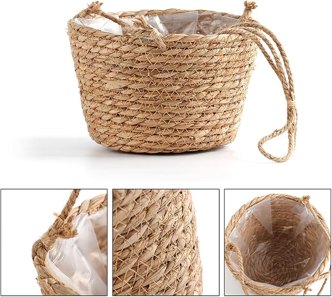 Ejoyous Hanging Planter Basket, Rustic Woven Flower Hangers for Indoor and Outdoor Plants Boho Style Hanging Straw Basket for Porches and Patio Decor (2pcs)