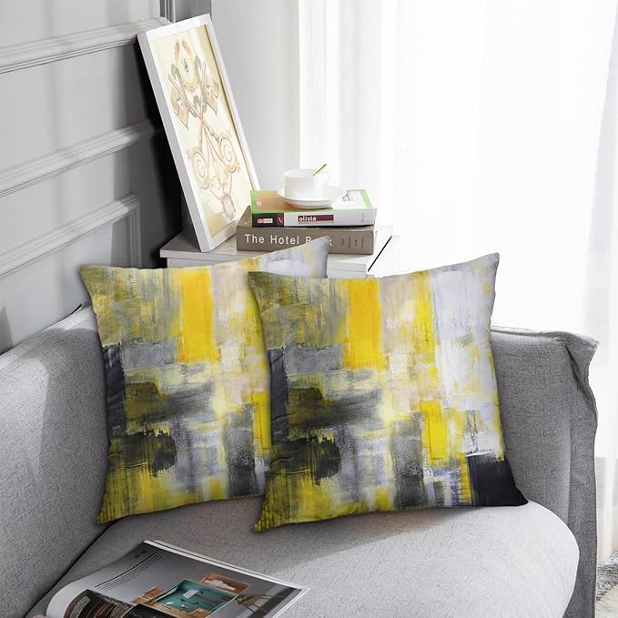 Emvency Set of 2 Yellow White and Black Throw Pillow Covers Modern Abstract Painting Decorative Pillow Cases Home Decor Standard Square 16x16 Inches Pillowcases