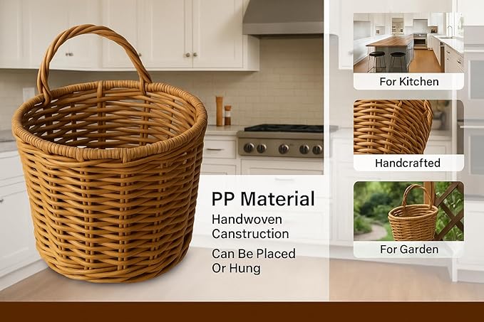 Handwoven Hanging Wall Baskets Set of 3 – Natural Rattan-Style Woven Storage Baskets with Handles, Multi-Size 7”/6”/5” for Kitchen, Fruit, Garlic, or Home Décor Organization
