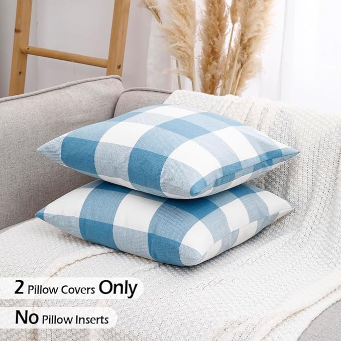 CARRIE HOME Light Blue and White Buffalo Plaid Summer Outdoor Pillow Covers 18x18 Set of 2, Light Blue Checkered Decorative Couch Pillows, Lake Blue Front Back Porch Decor Throw Pillows (No Inserts)