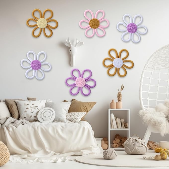 Ripeng 6 Pcs Boho Nursery Decor Flower Daisy Wall Art 6 Inch Woven Macrame Wall Hanging Bohemian Flower Decor Daisy Nursery for Baby Girls Kids Home Bedroom(Vintage Color)