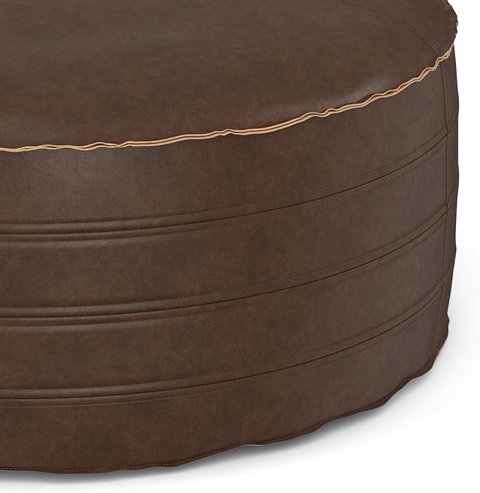 SIMPLIHOME Brody Boho Round Pouf in Distressed Dark Brown Vegan Faux Leather for the Living Room, Bedroom and Kids Room