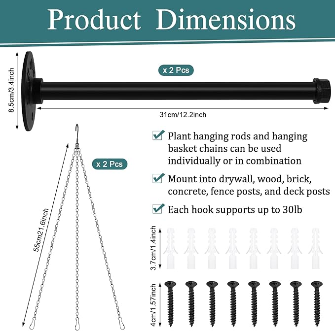 2 Set Plant Wall Hanger Rod(12.2'') with Hanging Chain, Heavy Duty Metal Rod Hanging Holder 30lbs Weight Capacity for Indoor/Outdoor Plants, Mounted Plant Shelves for Wall Window(Pot Not Included)