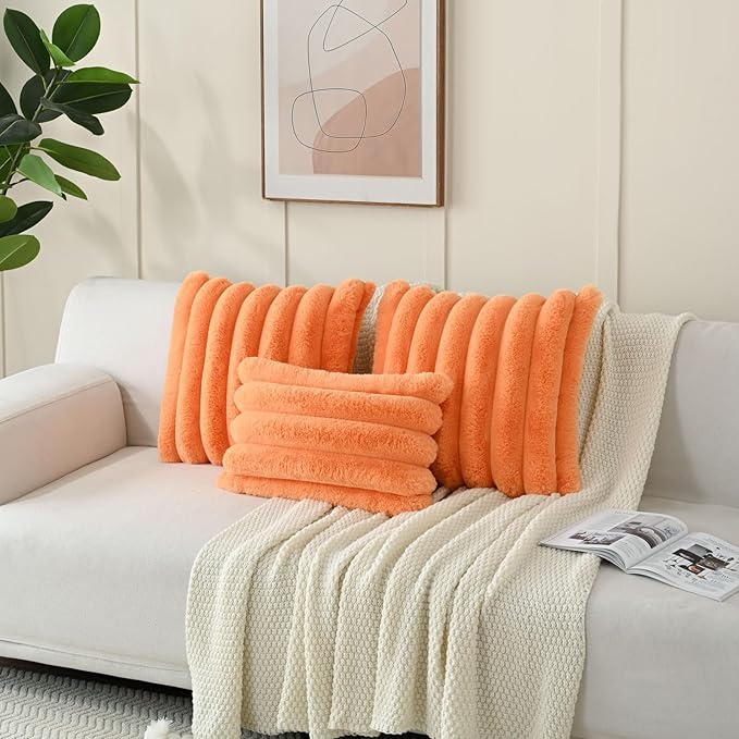 FUTEI Orange Decorative Throw Pillow Covers 12x20 Inch Set of 2, Square Soft Faux Rabbit Fur Thick Striped Lumbar Pillow Case,Spring Home Decor for Couch Bed Living Room