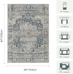5x7 Area Rugs for Living Room Bedroom, Blue Washable Rug, Vintage Retro Boho Rug, Non Slip & Low Pile Faux Wool Thin Carpet for Indoor Dining Room and Kids Room(Blue 5x7ft)